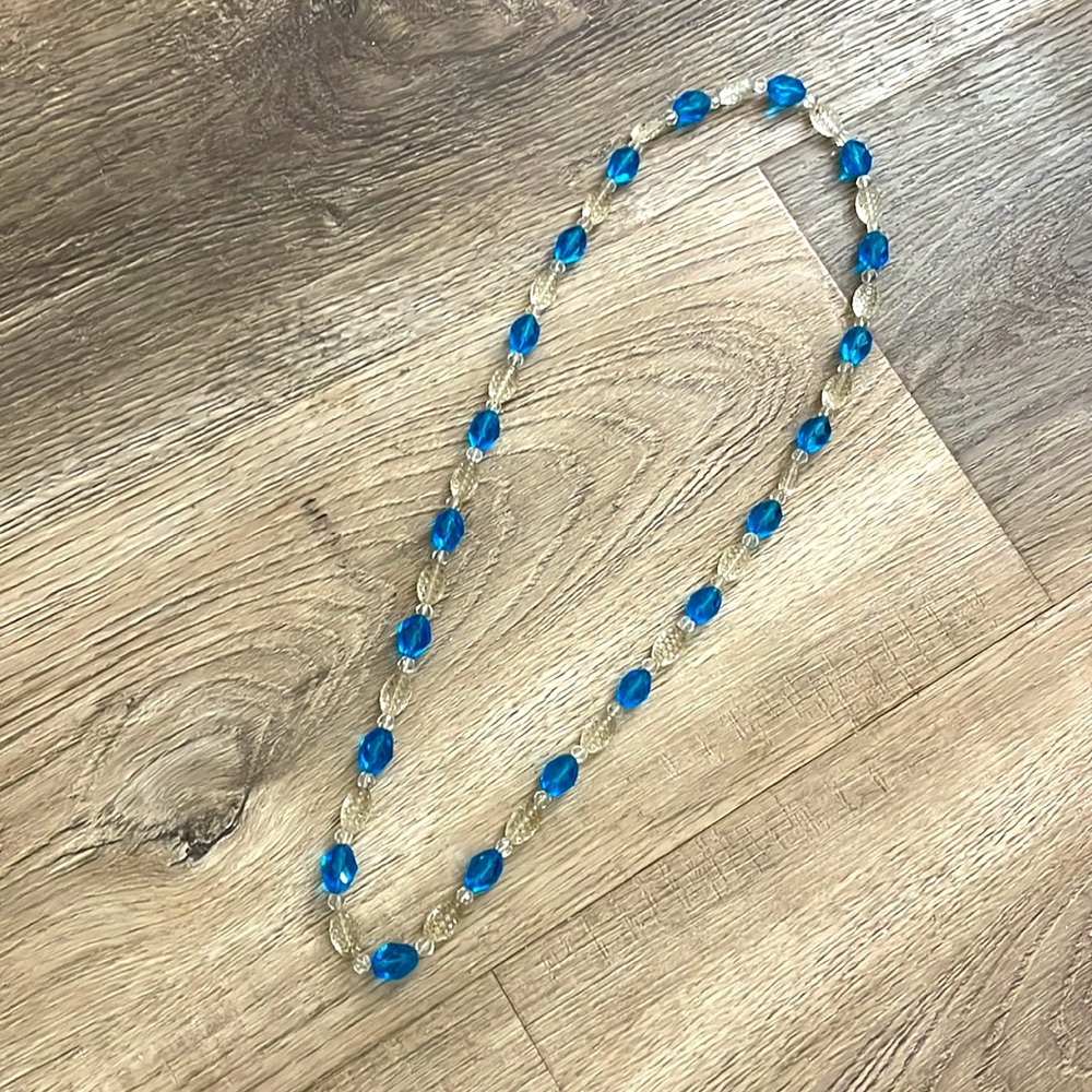 Vintage Glass Beaded Necklace Bright Blue & Clear Statement Necklace - Picture 5 of 5